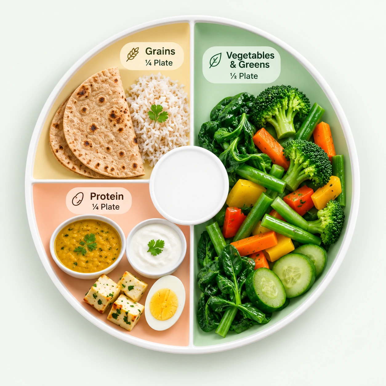 A balanced Indian meal plate: half vegetables and greens (broccoli, spinach, carrots, cucumber), one quarter protein (dal, curd, eggs, paneer), and one quarter grains (roti, rice)